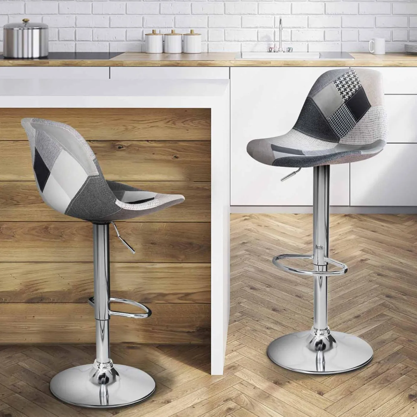 Lot de 2 tabourets de bar design pied chromé assise patchwork noir, gris et blanc
