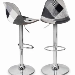 Lot de 2 tabourets de bar design pied chromé assise patchwork noir, gris et blanc