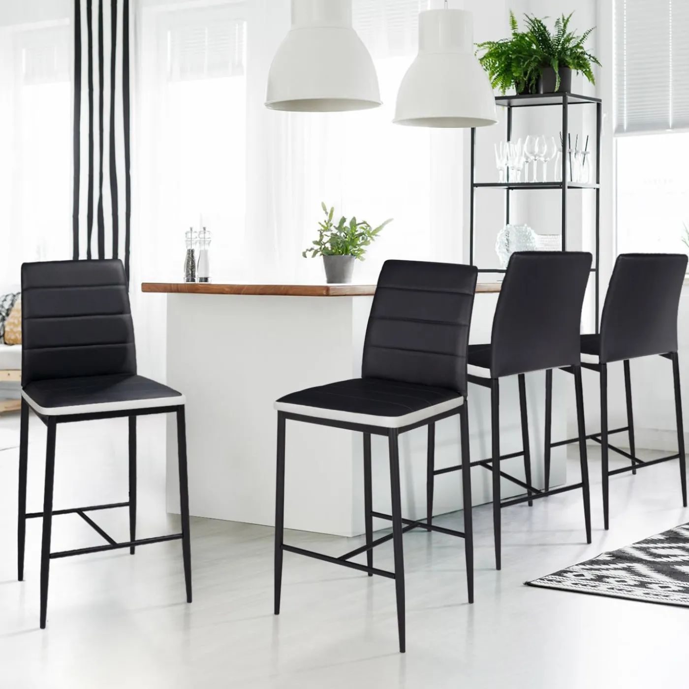 Lot de 4 tabourets de bar en PVC noir avec bande blanche