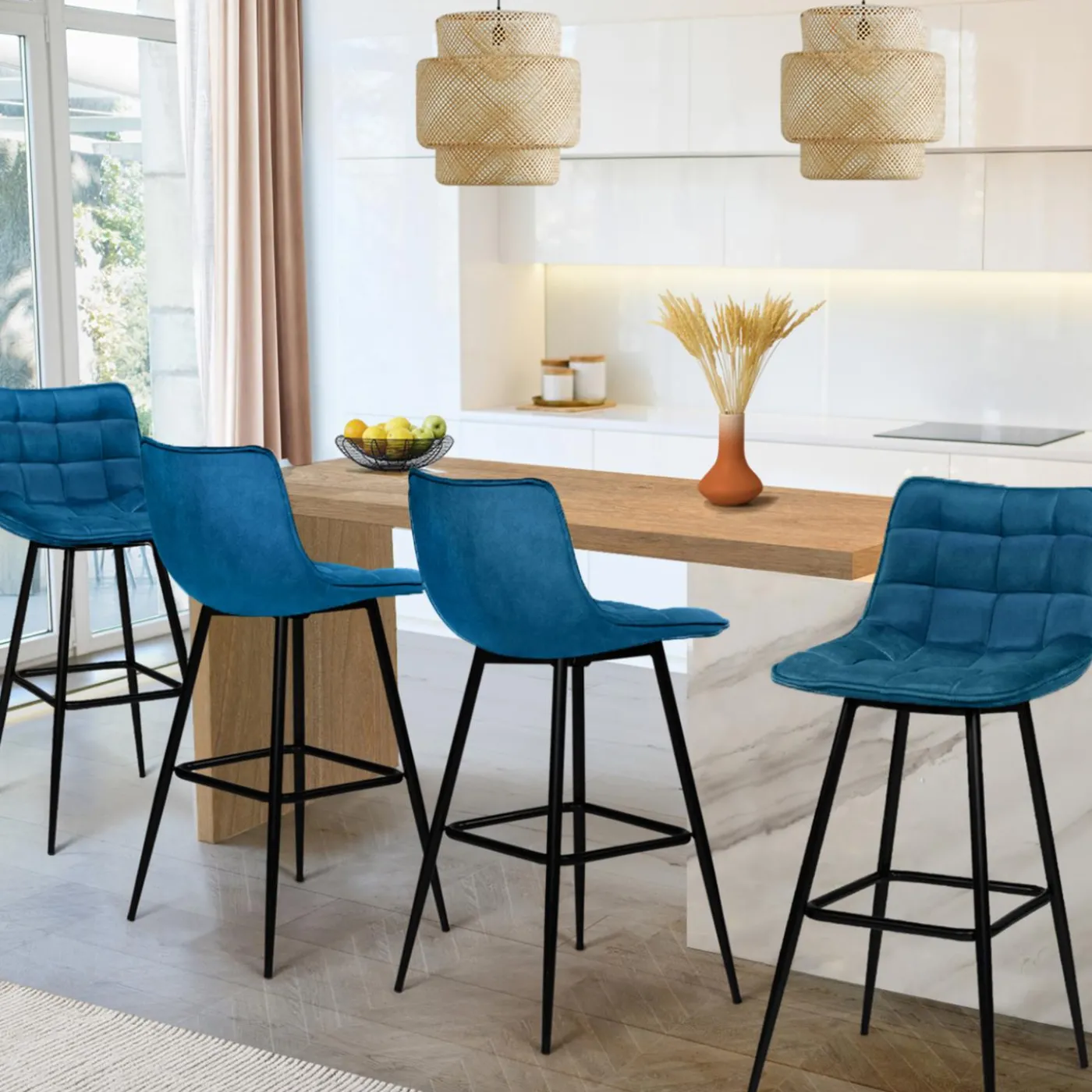 Lot de 4 tabourets en velours bleu canard matelassé