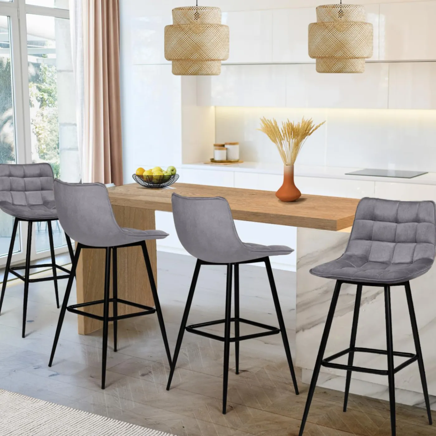 Lot de 4 tabourets gris clair en velours matelassé