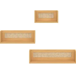 Lot de 3 étagères murales bois et cannage 60/45/30 cm