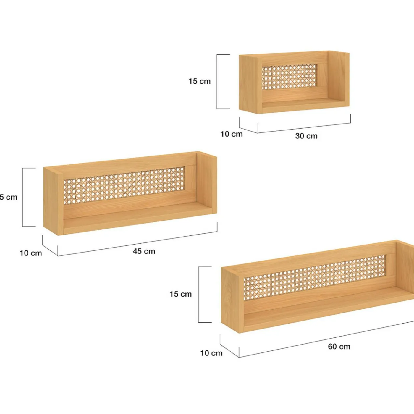 Lot de 3 étagères murales bois et cannage 60/45/30 cm