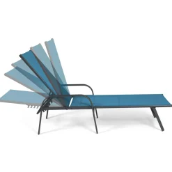 Lot de 2 transats de jardin inclinables toile bleu canard et acier gris anthracite