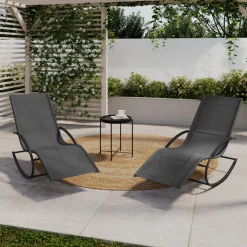 Lot de 2 transats de jardin à bascule gris en acier et avec une toile grise