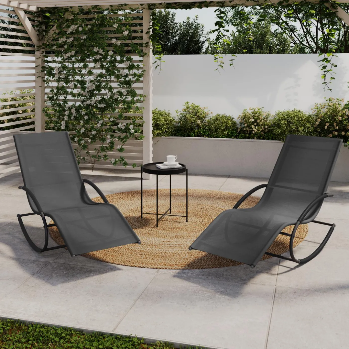 Lot de 2 transats de jardin à bascule gris en acier et avec une toile grise