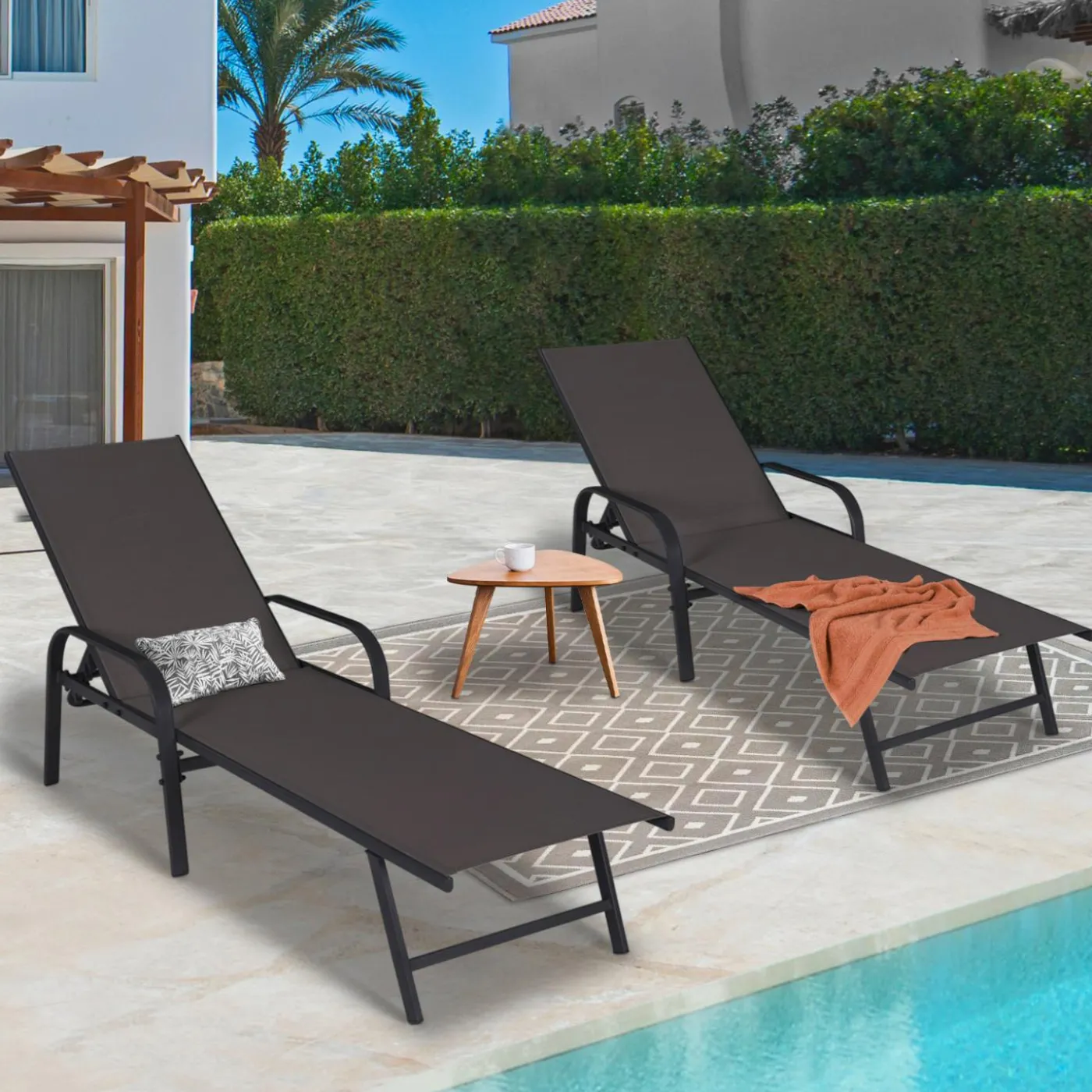 Lot de 2 transats inclinables pour jardin en acier noir et toile grise