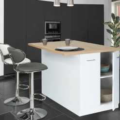 Îlot de cuisine blanc et plateau façon hêtre 100 cm