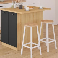 Îlot de cuisine imitation hêtre avec 4 portes noires 100 cm