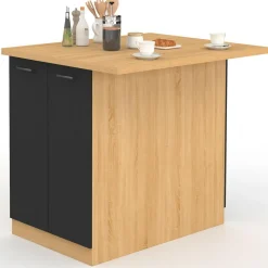 Îlot de cuisine imitation hêtre avec 4 portes noires 100 cm