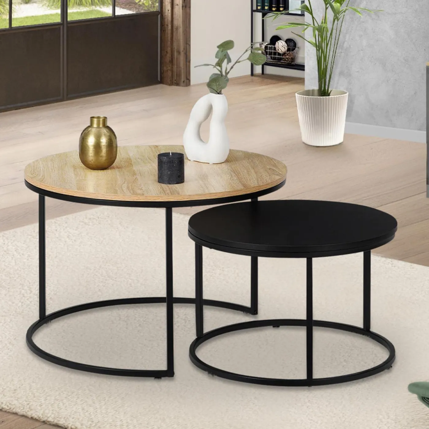 Lots de 2 tables basses rondes gigognes noir et bois industrielles