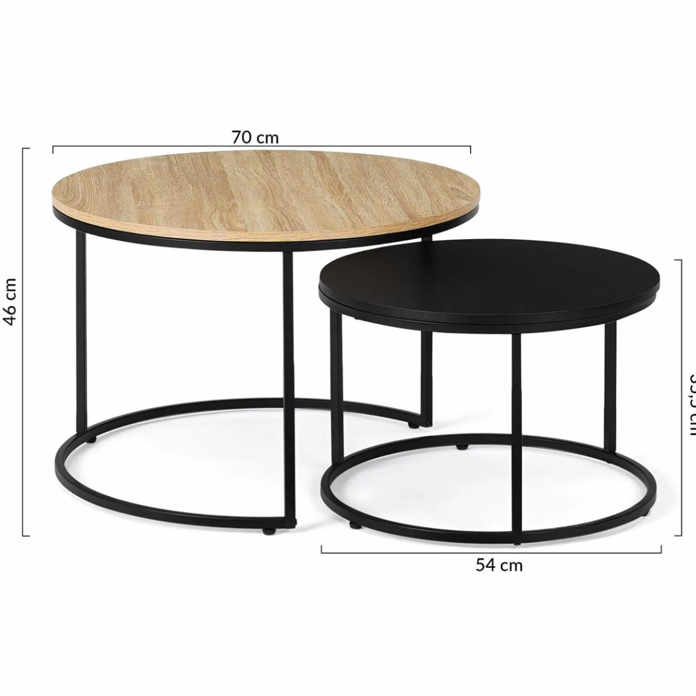 Lots de 2 tables basses rondes gigognes noir et bois industrielles