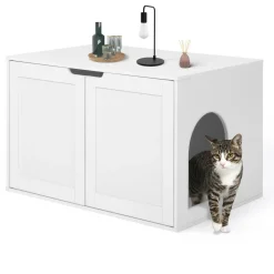 Maison de toilette pour chat - cache-litière avec doubles portes blanc