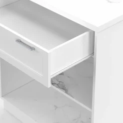 Mange-debout 4 personnes ilot central blanc et plateau marbre 130 cm
