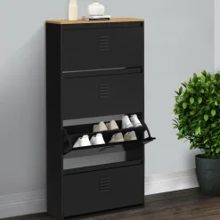 Meuble à chaussures 24 paires 4 portes métal noir et plateau bois design industriel