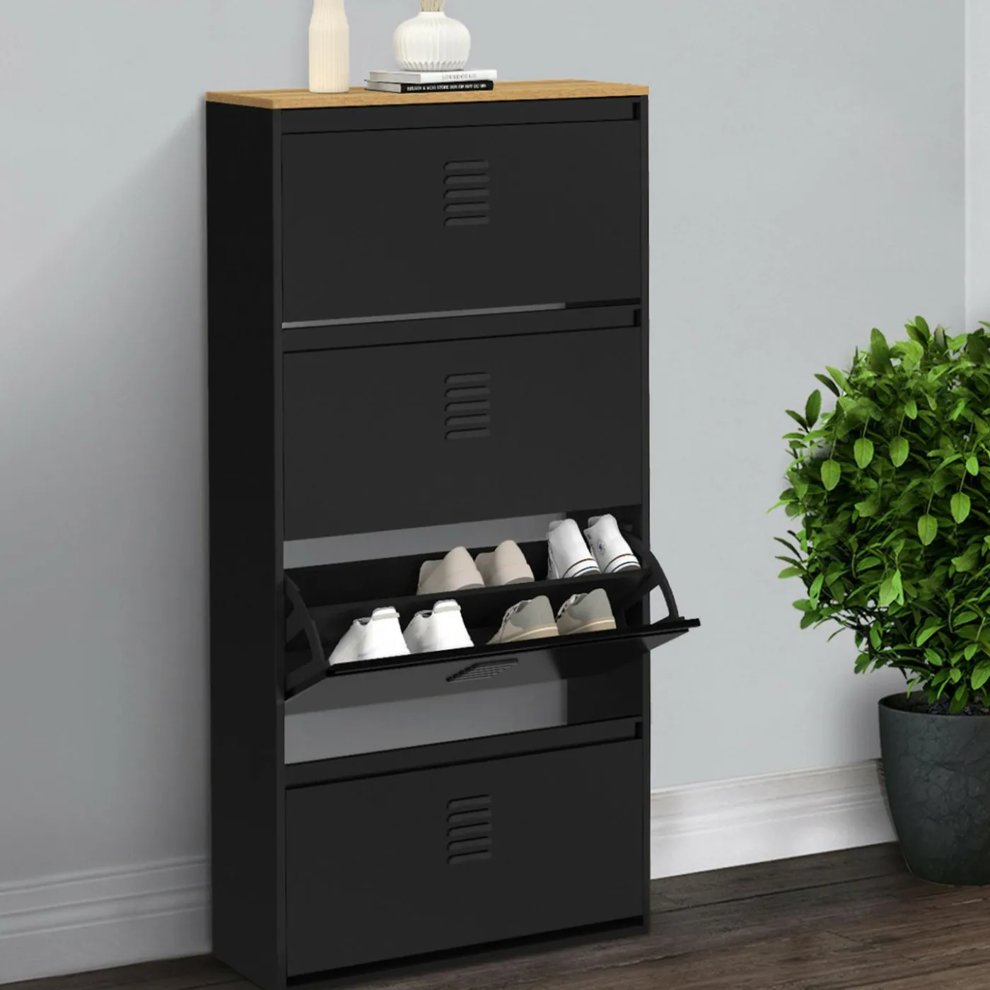 Meuble à chaussures 24 paires 4 portes métal noir et plateau bois design industriel