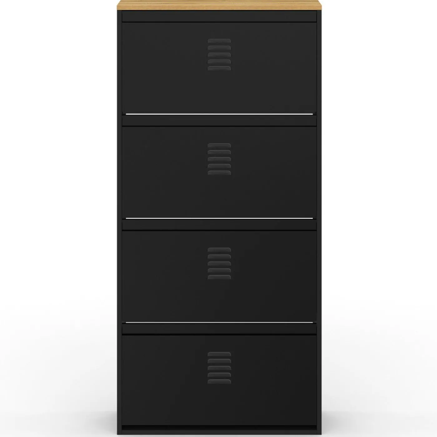 Meuble à chaussures 24 paires 4 portes métal noir et plateau bois design industriel