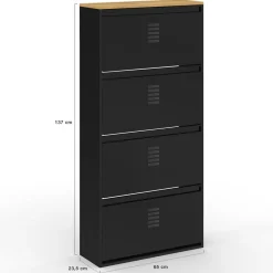 Meuble à chaussures 24 paires 4 portes métal noir et plateau bois design industriel
