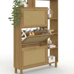 Meuble à chaussures 18 paires 3 portes effet naturel cannage avec étagère