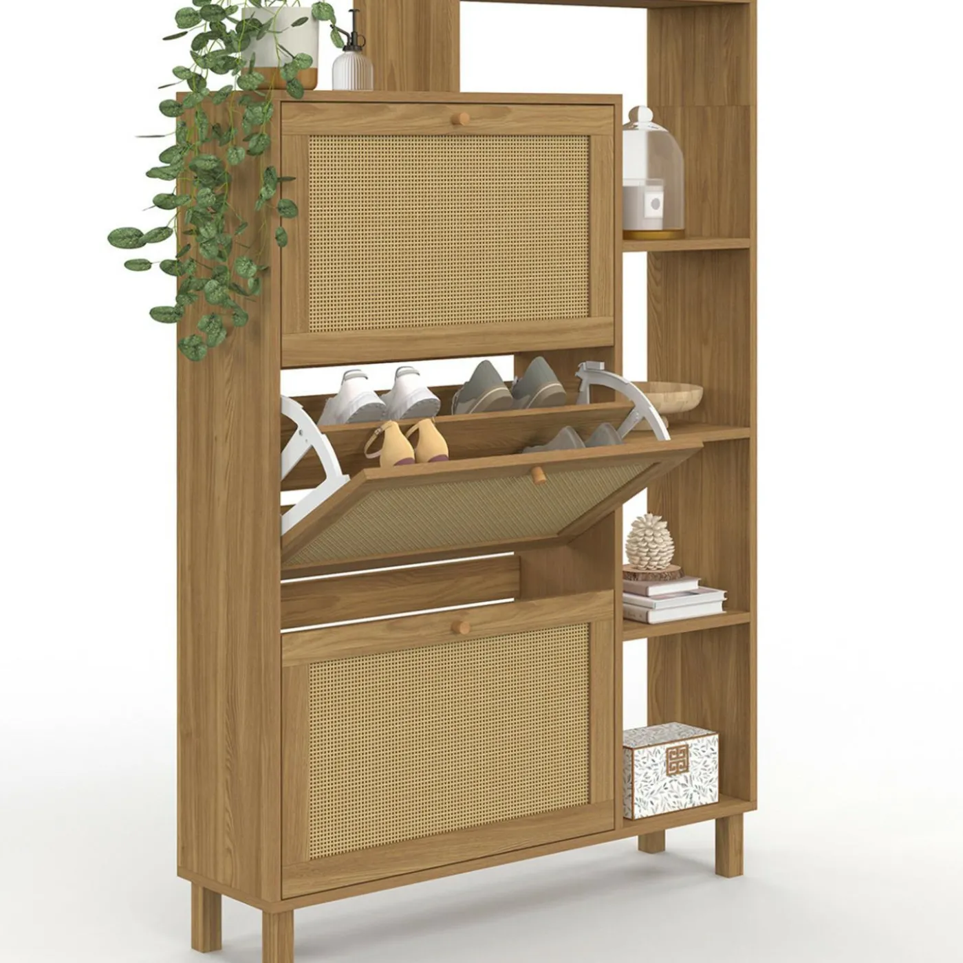 Meuble à chaussures 18 paires 3 portes effet naturel cannage avec étagère