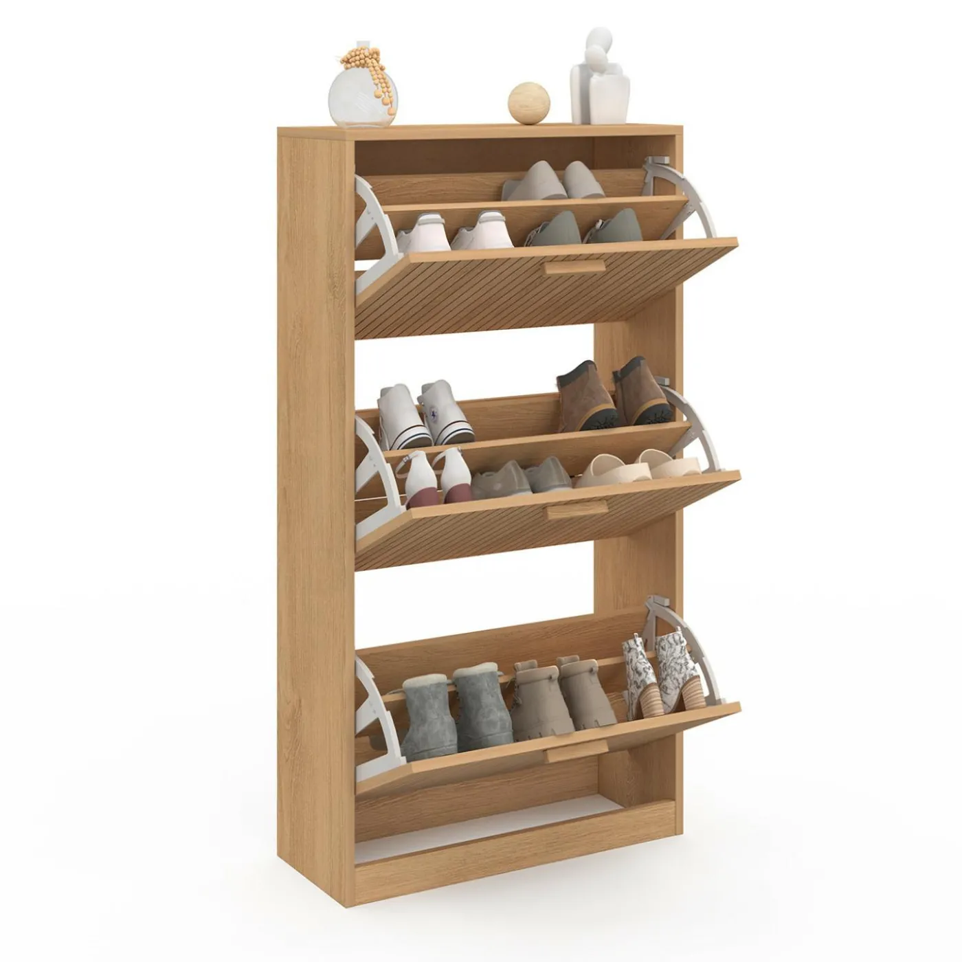 Meuble à chaussures 18 paires 3 portes tasseau bois coloris chêne