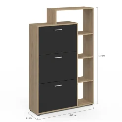 Meuble à chaussures 3 portes noires avec étagères