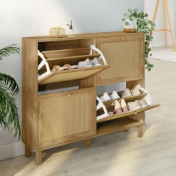 Meuble à chaussures vintage effet naturel cannage 20 paires 4 portes