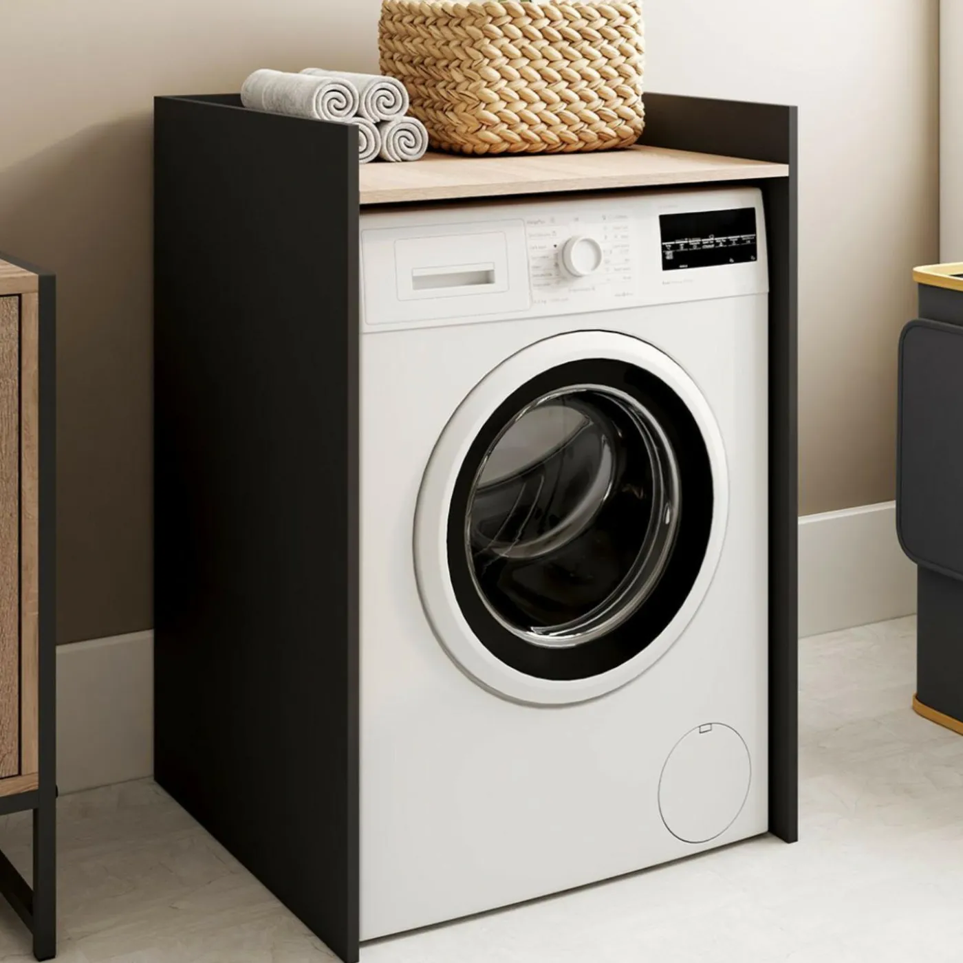 Meuble armoire pour machine à laver noir et bois façon hêtre