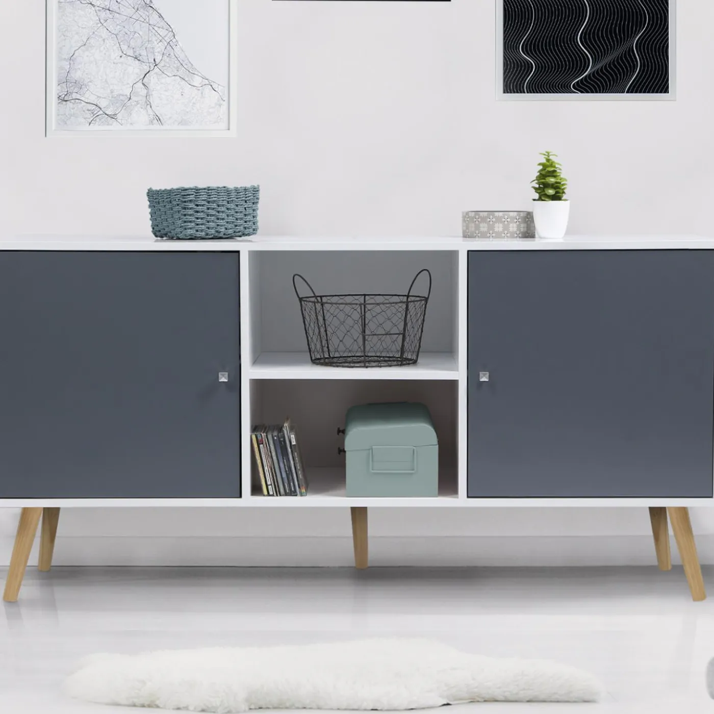 Meuble buffet scandinave blanc et gris 2 portes