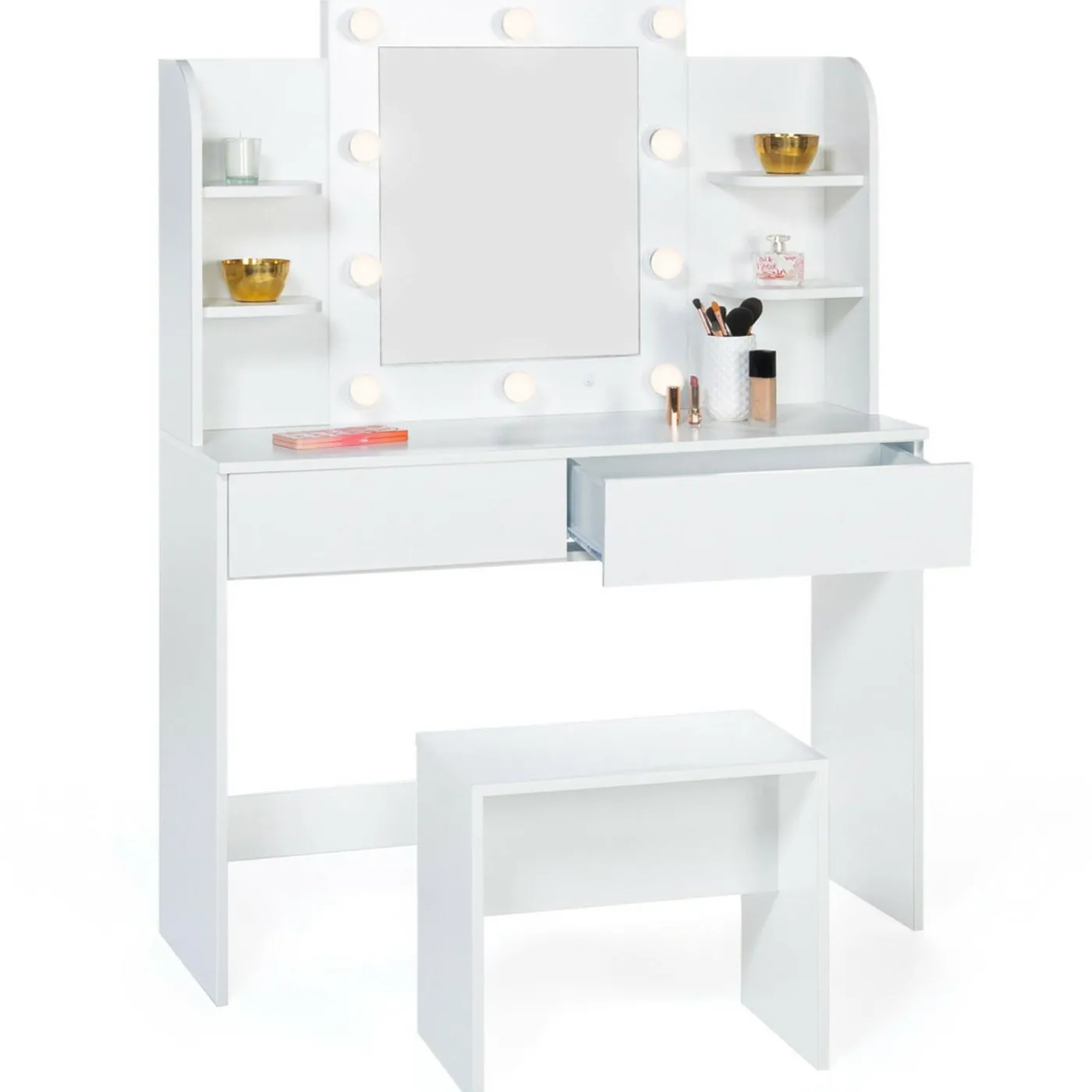 Meuble coiffeuse blanche avec miroir LED et tabouret