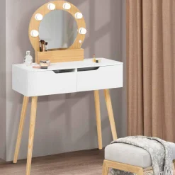 Meuble coiffeuse blanche style scandinave avec miroir LED et tiroirs