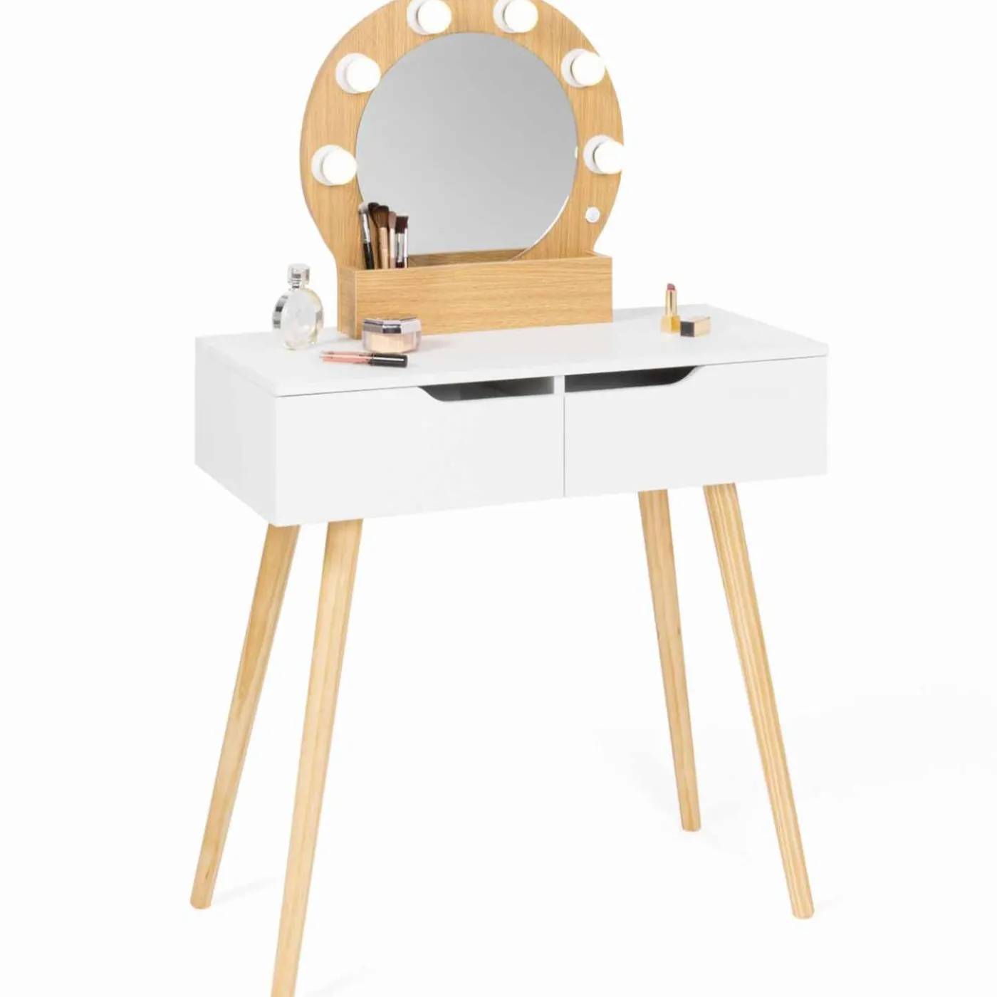Meuble coiffeuse blanche style scandinave avec miroir LED et tiroirs