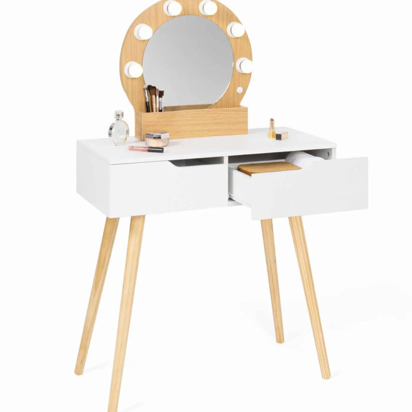 Meuble coiffeuse blanche style scandinave avec miroir LED et tiroirs