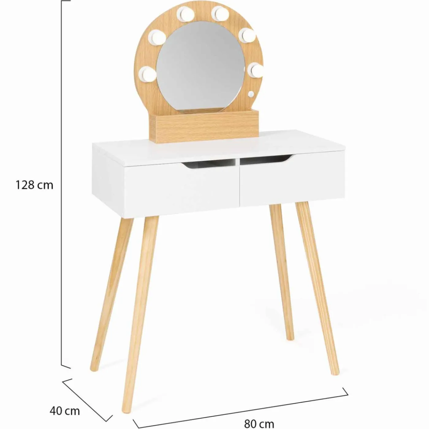 Meuble coiffeuse blanche style scandinave avec miroir LED et tiroirs