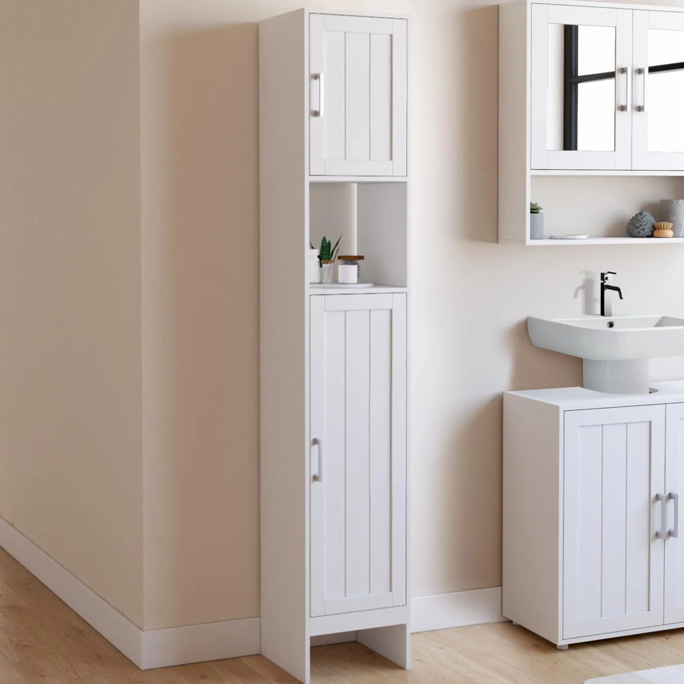 Meuble colonne blanc 170 cm pour salle de bain avec rangement
