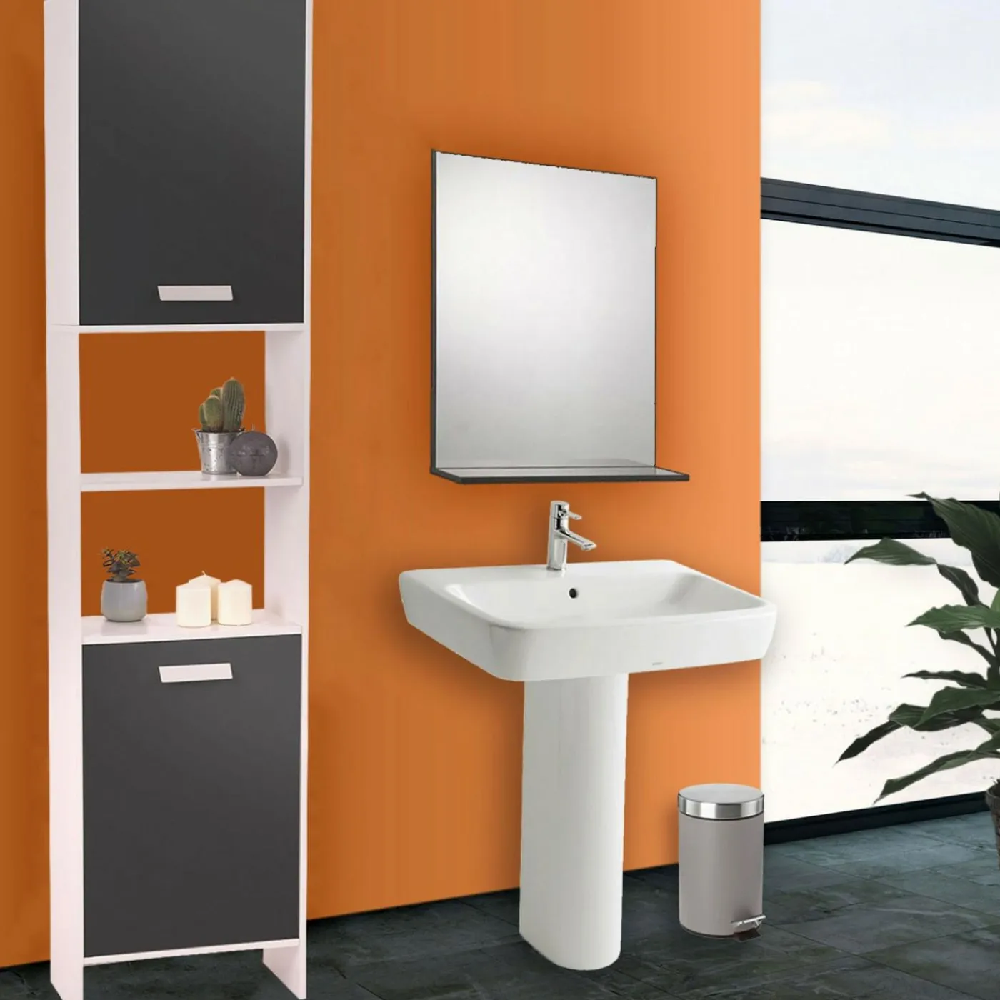 Meuble colonne salle de bain blanc et gris