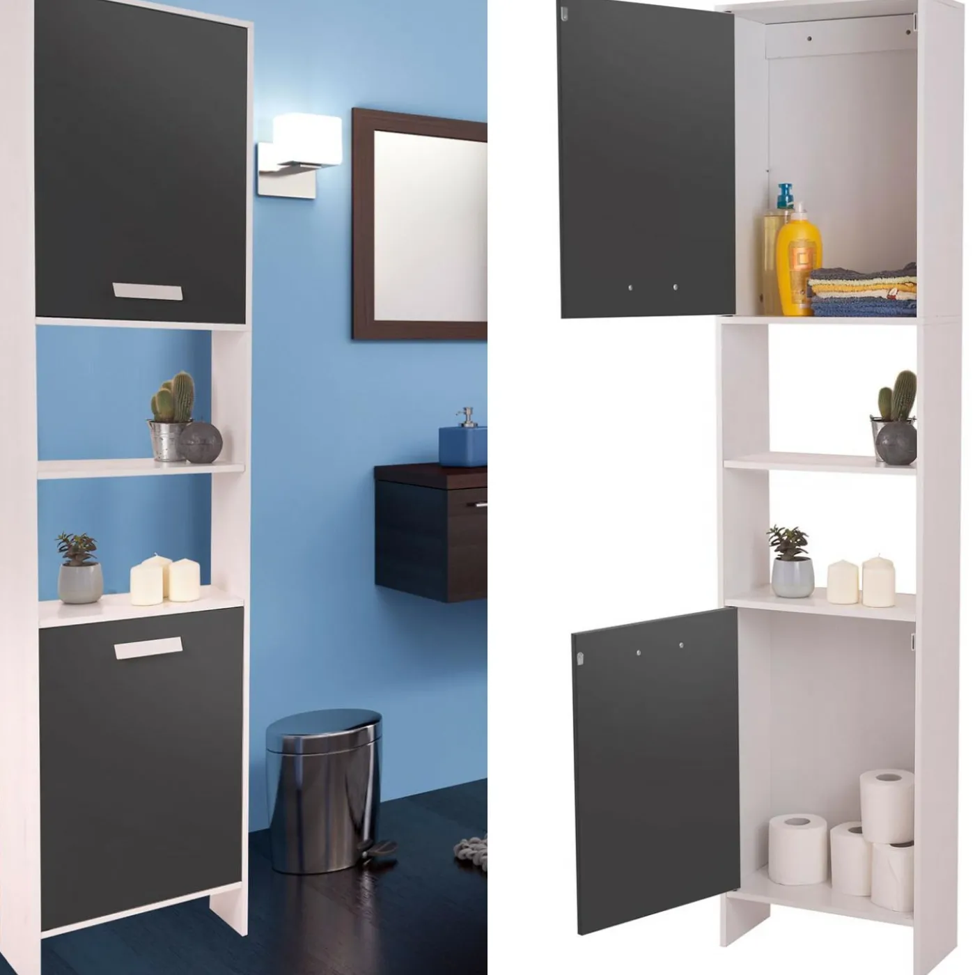 Meuble colonne salle de bain blanc et gris