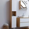 Meuble colonne salle de bain suspendu 2 portes 1 niche façon hêtre et blanc