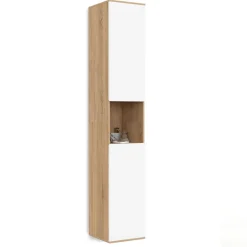 Meuble colonne salle de bain suspendu 2 portes 1 niche façon hêtre et blanc