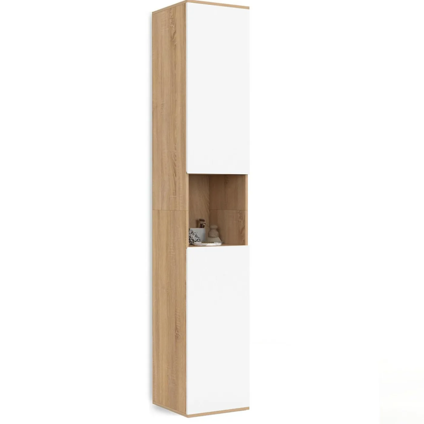 Meuble colonne salle de bain suspendu 2 portes 1 niche façon hêtre et blanc