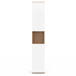 Meuble colonne salle de bain suspendu 2 portes 1 niche façon hêtre et blanc