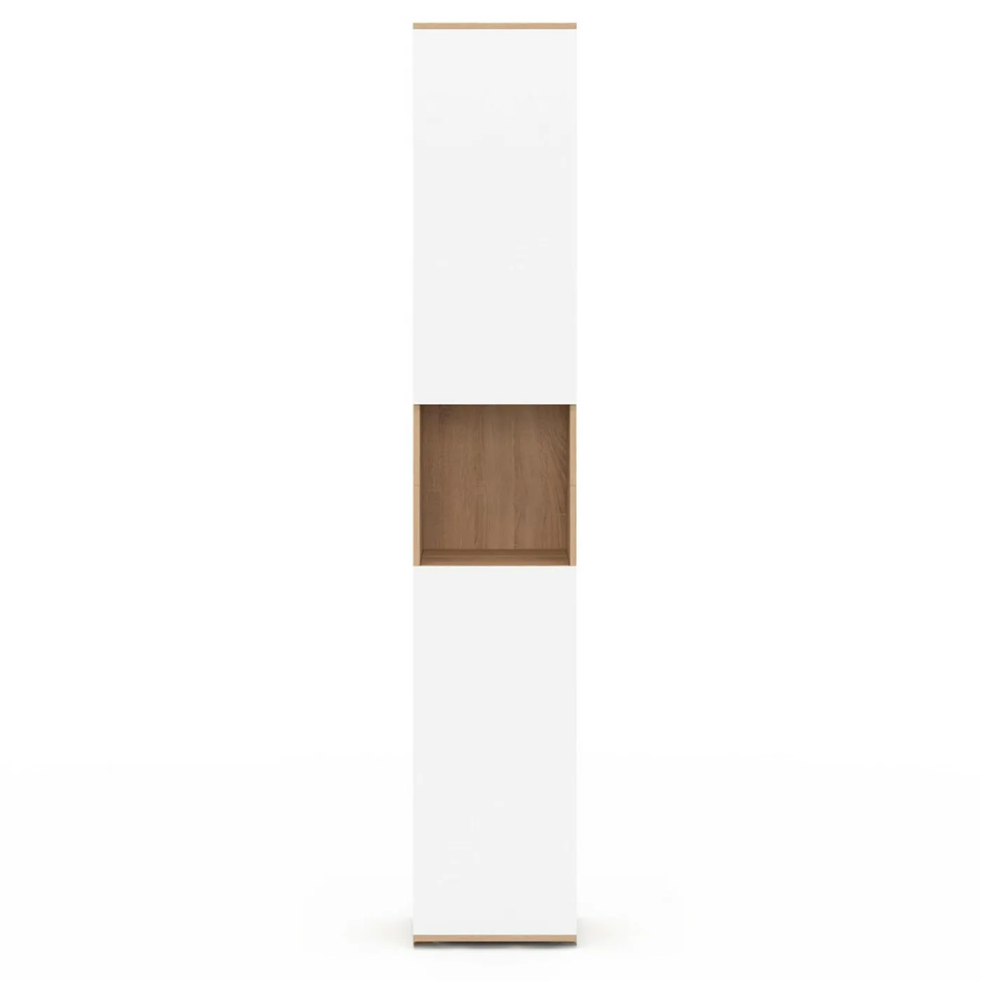 Meuble colonne salle de bain suspendu 2 portes 1 niche façon hêtre et blanc