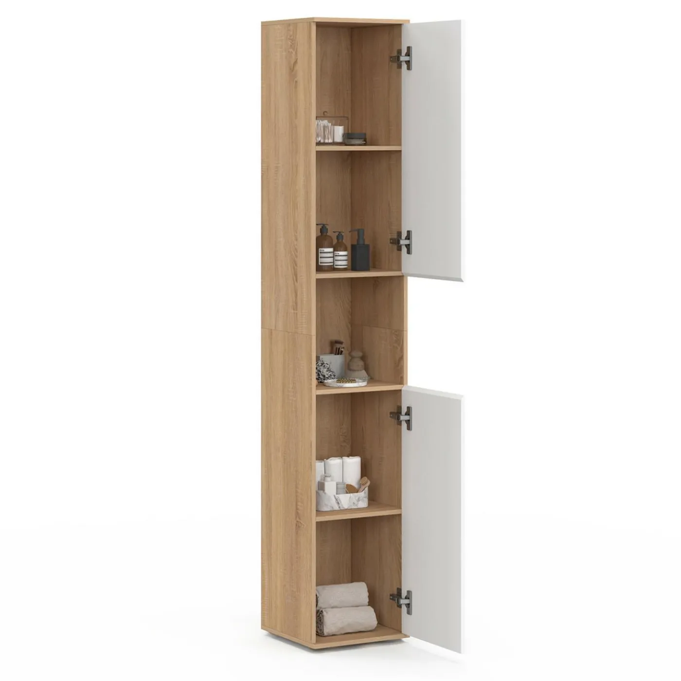 Meuble colonne salle de bain suspendu 2 portes 1 niche façon hêtre et blanc