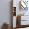 Meuble colonne salle de bain 2 portes 4 niches façon hêtre et blanc