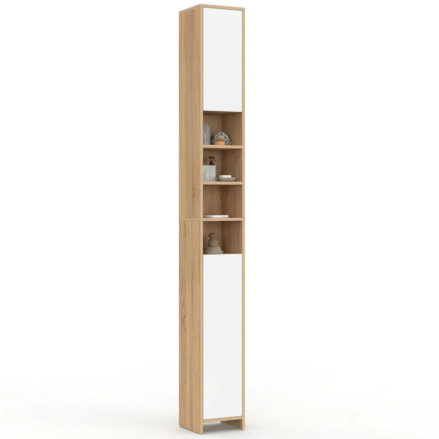 Meuble colonne salle de bain 2 portes 4 niches façon hêtre et blanc