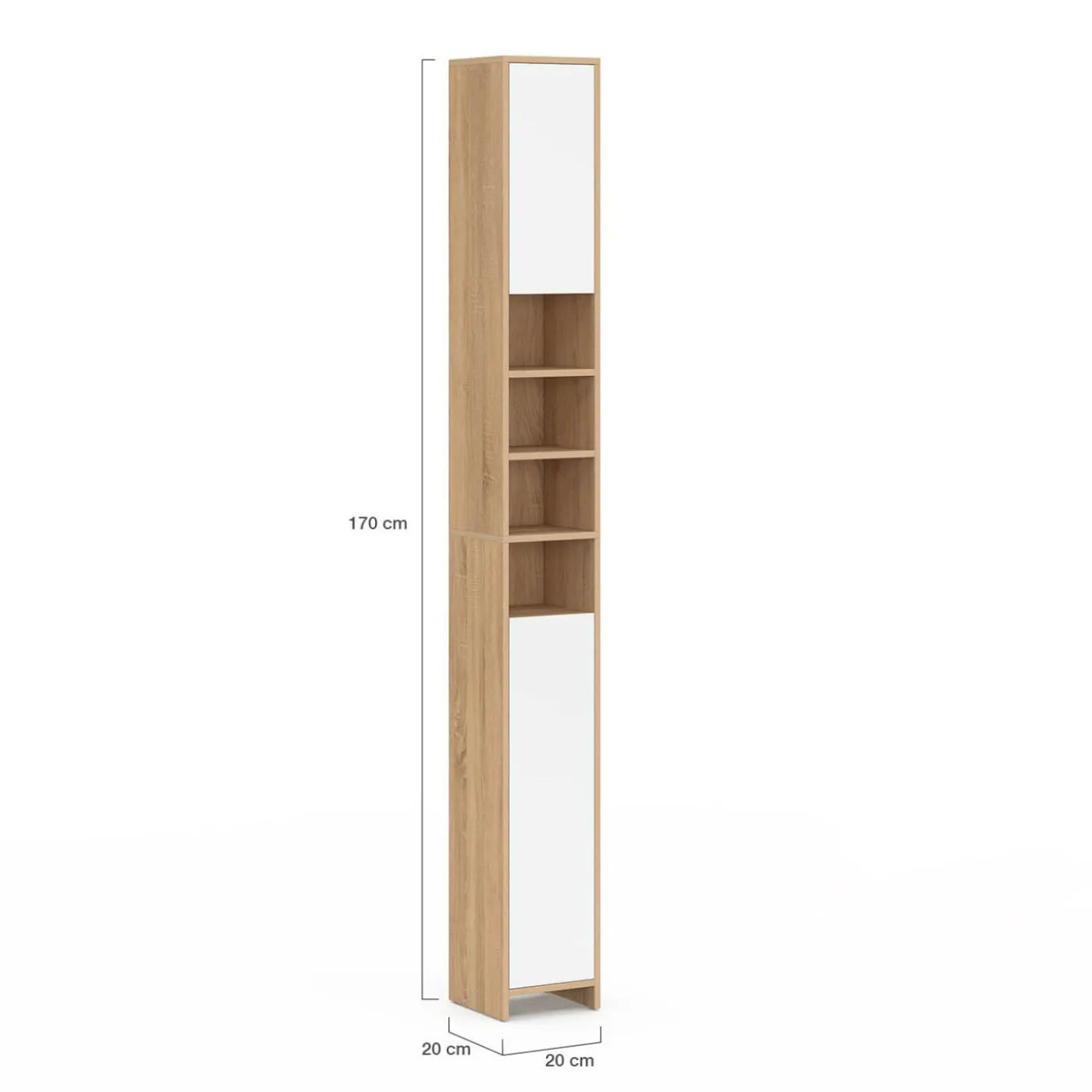 Meuble colonne salle de bain 2 portes 4 niches façon hêtre et blanc
