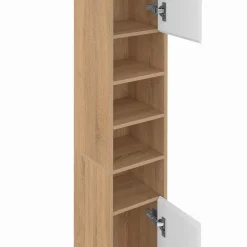 Meuble colonne salle de bain 2 portes 4 niches façon hêtre et blanc