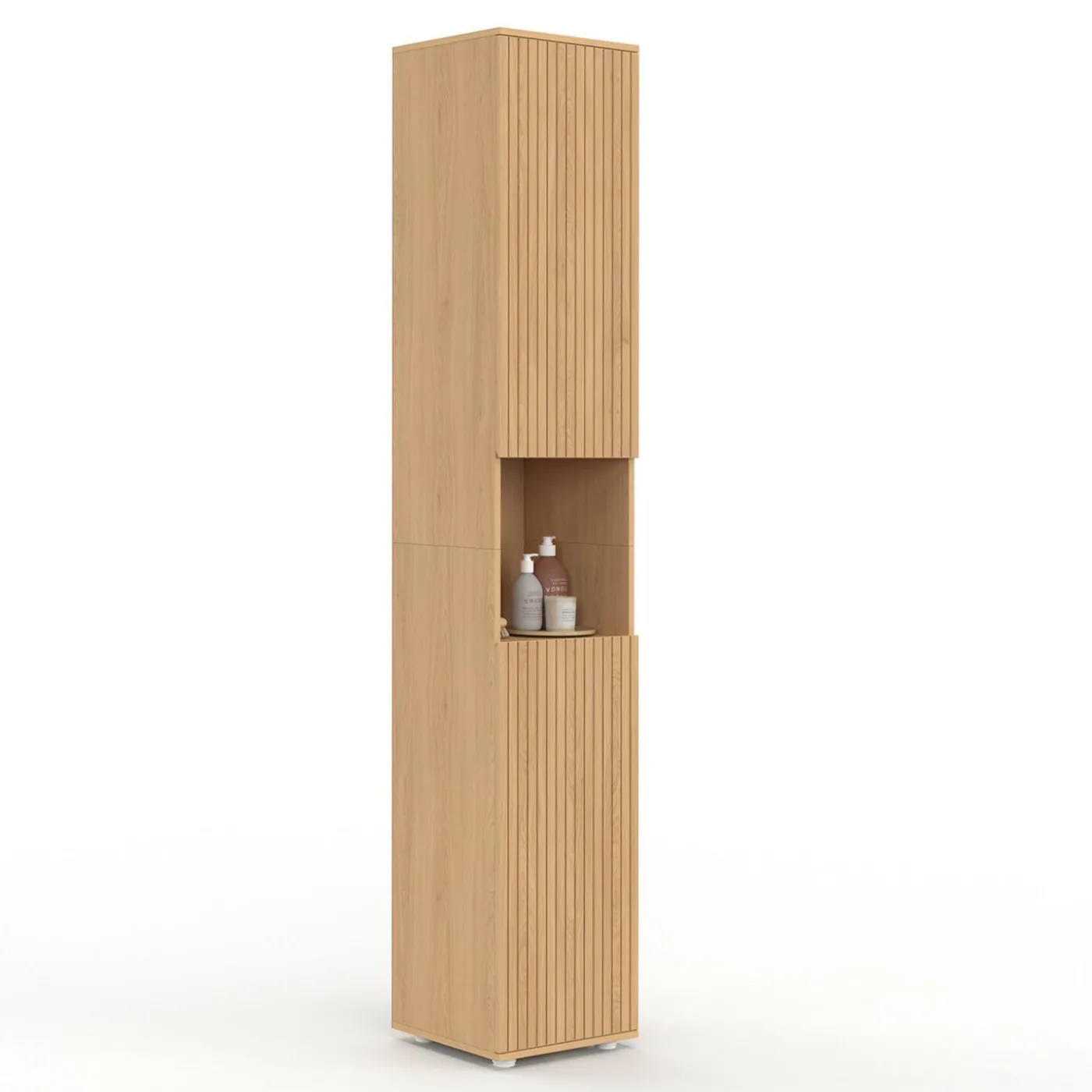Meuble colonne salle de bain 2 portes 1 niche effet lattes