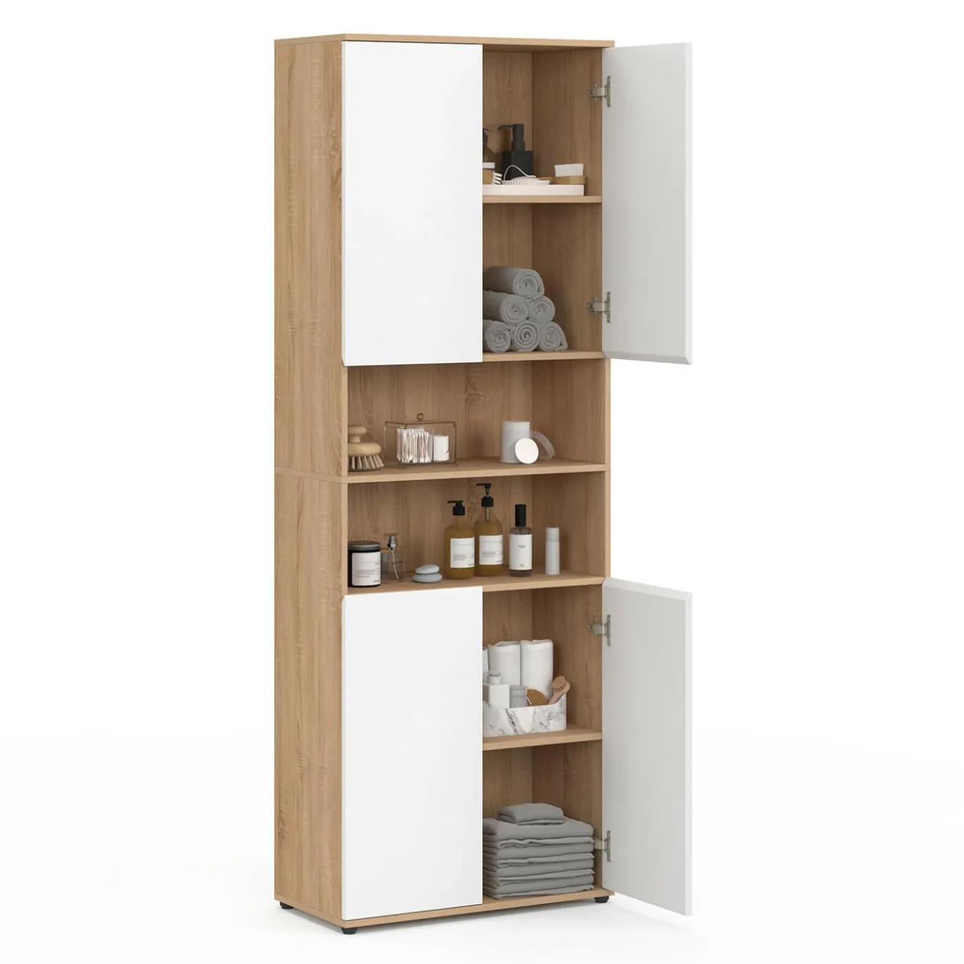 Meuble colonne salle de bain 4 portes 2 niches façon hêtre et blanc