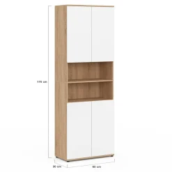 Meuble colonne salle de bain 4 portes 2 niches façon hêtre et blanc